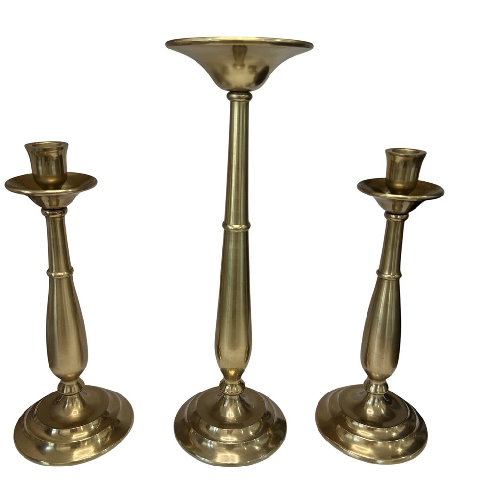 Pottery Barn Arlington Heavy Brass Candlesticks / Pillar Candle Holders Set of 3